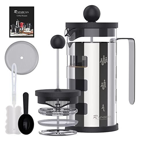 French Press Cafetiere 4 Cups, Stainless Steel Body Shell Coffee Maker- Heat Resistant - Stainless Steel Filter Coffee Press For Coffee Lover, Silver,
